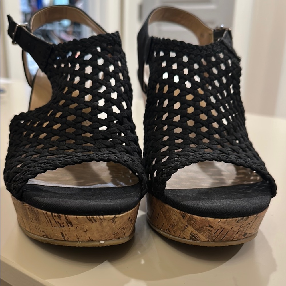 Black and Brown Wedge Sandals with Cork Heel platform - Picture 7 of 7
